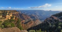 IMG 3575-6-HDR(3) stitch  A two picture composite of the Grand Canyon from outside the old (1902) El Tovar Hotel. The canyon is 20 miles across and 1 mile deep.  Just a hole in the ground that you can't farm, as one of Roberta's uncles said after he saw it.