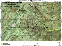 A2AZT01NextToNorthEnd  GPS track from the hike (green track);  where we hiked last week (bright red track), AZT passage 01 (yelllow).