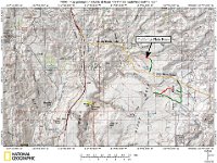 A02AguaFriaNM  The location of Pueblo La Plata Ruins within Agua Fria National Monument:  The red tracks are our hikes on this trip; the green tracks are our drives on Jeep trails;  The golden highlight is Bloody Basin Road off the I-27 between Phoenix and Flagstaff;  the light yellow track is a hike we're looking at for a future trip;  The light pink area is shown on GoogleEarth on the next graphic.