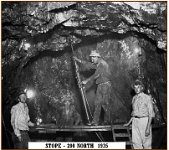 RichenbarMineMinersAtWork  Miners at work in one of the stopes off the vertical shaft.  Let me get this straight:  these guys climbed ladders (or were hoisted) down the big shaft, then went horizontally in one of the stopes (horizontal shafts), carved out this cavern by drilling holes and filling them with dynamite, then lighting fuses, and high-tailing it out of the shaft before the explosion occurred.  Piece of cake!