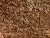 IMG 7352-HDR(3)  Deep-cut petroglyphs are common where no varnish layer is present.