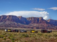 AnniPicture-0003  Anni's photo of the Jeeterra (contraction for Jeep/Xterror, get it?) caravan on the plateau on the top of Marble Canyon with the Vermillion cliffs in the background. On top of the Vermillion cliffs is the Paria Plateau where we will spend the next two days exploring.  We're led by the famous Welsh explorer Francisco de Bob  (or is it Shish-ka-Bob).