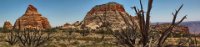 IMG 8620-HDR(3) stitch  This composite panorama shows the Powell Monument along with a companion rock on the right.