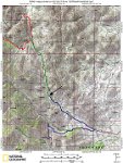 A2DragoonsMiddlemarchCanyonTrail122  The arrow shows the point where we parked Bob's Lexus.  We hiked north from this spont to where the green track meets the red track (Cochise Stronghold Trail) and then returned to the car.